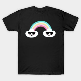 Happy Clouds Wearing Sunglasses With a Rainbow T-Shirt